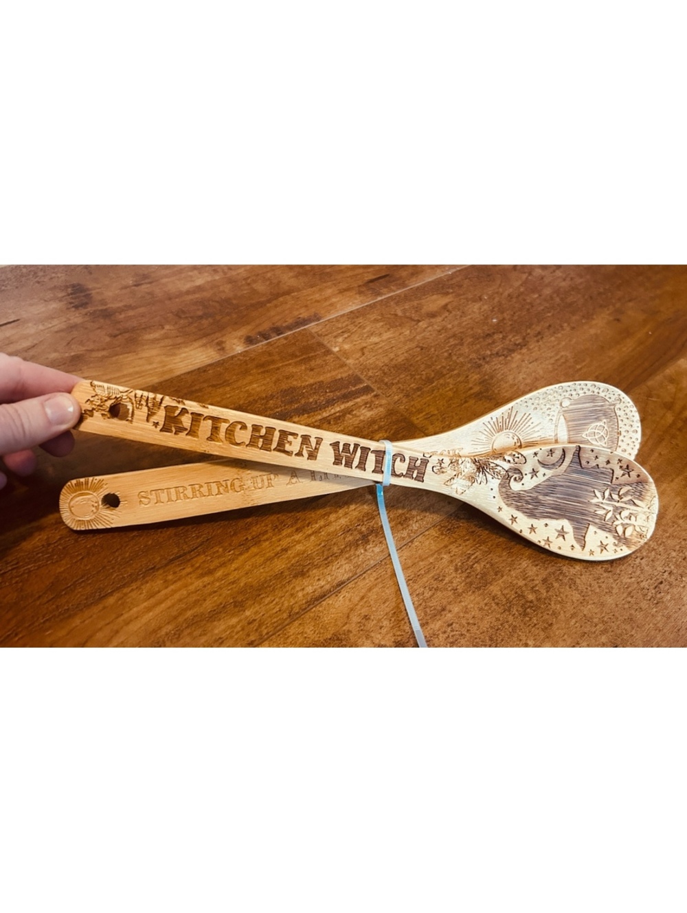 Set of 2 Wooden Kitchen Witch Stirring Spoons with Engraved Witch and Cauldron